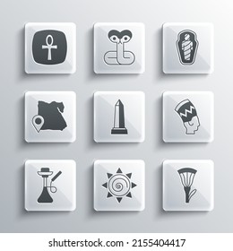 Set Sun, Egyptian lotus, Nefertiti, Obelisk of Alexandria, Hookah, Map, Cross ankh and mummy in sarcophagus icon. Vector