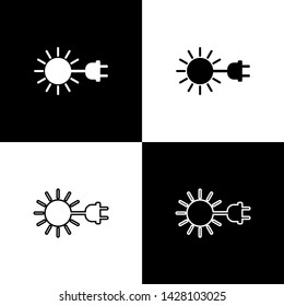 Set Sun with electric plug icons isolated on black and white background. Energy saving concept. Vector Illustration