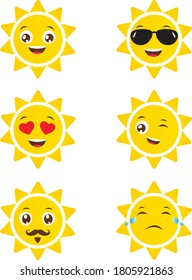 Conjunto de aislamientos Sun Emoji sobre fondo blanco. Diferentes expresiones de sol. concepto de verano. Ilustraciones vectoriales.