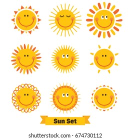 Set of sun emoticon illustrations, cartoon designs in flat art for weather or climate project, avatars, children clothes.