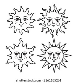 Set of sun face symbol.Vector illustration. Vector illustration isolated on white background. Element for design, tattoo, logo. Esoteric symbols.