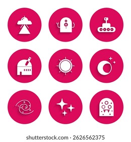 Set Sun, Falling star, Alien, Moon and stars, Black hole, Astronomical observatory, Mars rover and UFO flying spaceship icon. Vector