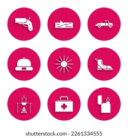 Set Sun, First aid kit, Lighter, Hiking boot, Campfire and pot, Beanie hat, Car and Flare gun pistol icon. Vector
