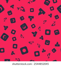 Set Sun, Fish, Moon and stars and Tree on seamless pattern. Vector