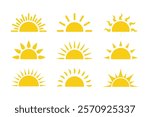 Set of sun flat cartoon icon. Half sun vector icons. Yellow sunrise or sunset. Elements for logo of sunrise, sunset.