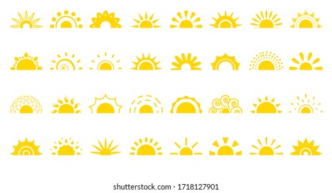 Set of sun flat cartoon icon. Simple decorative elements for logotype sunrise, sunset. Graphic symbol different shapes, half sun with rays for design app weather. Isolated on white vector illustration