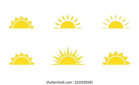 Set of sun flat cartoon icon. Elements for logo of sunrise, sunset. Graphic symbol different shapes, half sun with rays for design app weather. Isolated on white vector illustration eps 10