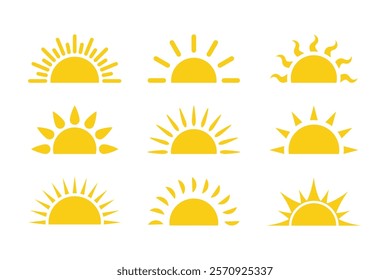 Set of sun flat cartoon icon. Half sun vector icons. Yellow sunrise or sunset. Elements for logo of sunrise, sunset.