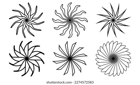 Set of sun or flower shape outline isolated on white. Circular shape with petals. Clipart.