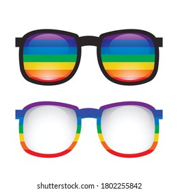 Set of sun glasses with a rainbow background on the rim and glasses. Lgbt love. Pride month. Summer vector objects for cards, banners and your creativity.