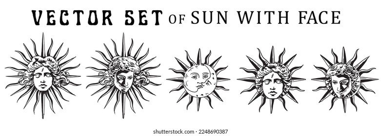 Set of the Sun God. Vector graphic illustration. Hand-drawn style