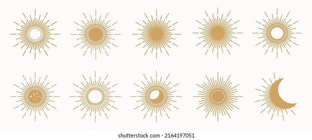 Set sun, golden mystical logo, retro design. drawings for tattoo, boho design, astrology horoscope