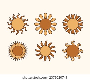 set of sun groovy hippie simple lineart style icons vector design template	