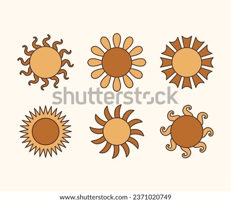 set of sun groovy hippie simple lineart style icons vector design template	