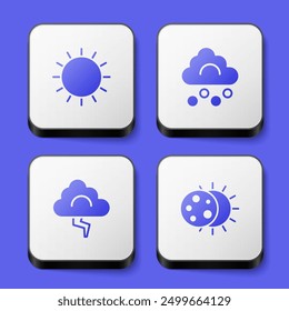Set Sun, Hail cloud, Cloud and lightning and Eclipse of the sun icon. White square button. Vector