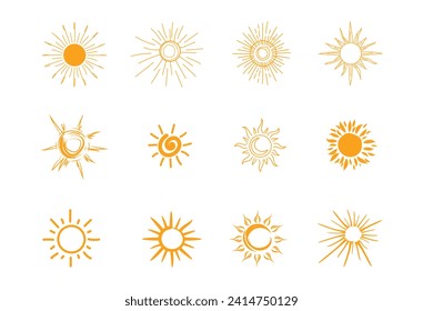 set of sun hand drawn sun illustrations. white background isolation