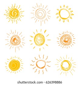 Set of sun in hand drawn style. Vector illustration.
