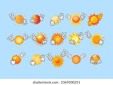 Set of Sun in a Hat. Collection of Cute Kawaii Sun isolated Illustrations. All images are made in cartoon style. Vector Illustration of a Sun for Stickers, Baby Shower, Prints for Clothes