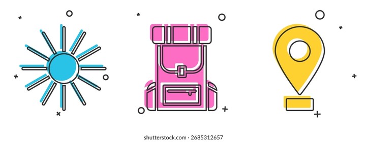 Set Sonne, Wanderrucksack und Standort-Symbol. Vektorgrafik
