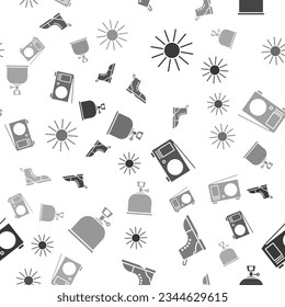 Set Sun, Hiking boot, Radio with antenna and Camping gas stove on seamless pattern. Vector