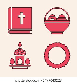 Set Sun, Holy bible book, Basket with easter eggs and Easter cake and eggs icon. Vector