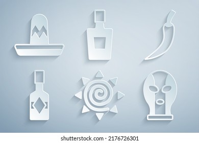 Set Sun, Hot chili pepper pod, Tabasco sauce, Mexican wrestler, Tequila bottle and sombrero icon. Vector