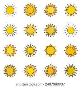 Set of sun icon. Hand drawn doodle vector design.