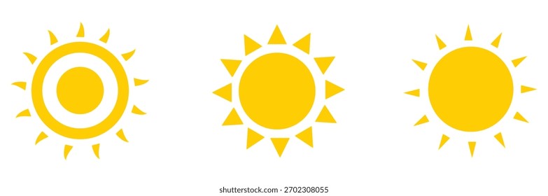 Conjunto de icono de sol. Vector de los iconos del sol aislado en el fondo blanco. Diseño plano de Vector. Colección de estrellas solares para su uso como logotipo o icono de Clima. colección de la puesta del sol, verano, luz del sol Vector de stock. EPS 10