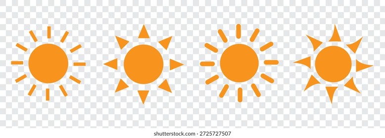 Conjunto de icono de sol. Vector de los iconos del sol aislado en el fondo blanco. Diseño plano de Vector. Colección de estrellas solares para su uso como logotipo o icono de Clima. colección de la puesta del sol, verano, luz del sol Vector de stock