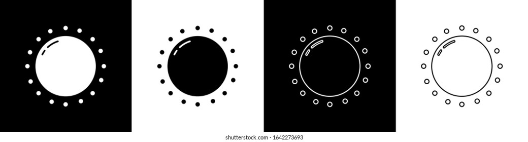 Set Sun icon isolated on black and white background. Summer symbol. Good sunny day.  Vector Illustration