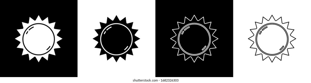 Ajuste el icono Sun aislado en fondo blanco y negro. Símbolo de verano. Buen día soleado. Ilustración vectorial