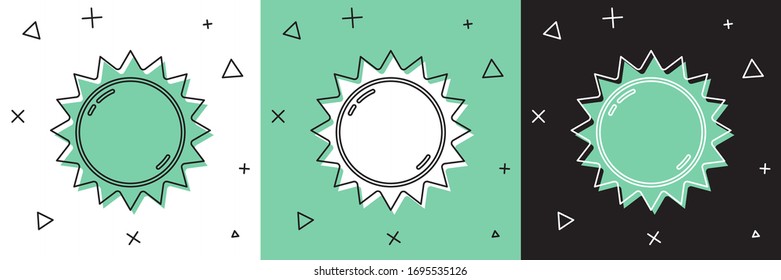 Set Sun icon isolated on white and green, black background. Summer symbol. Good sunny day.  Vector Illustration