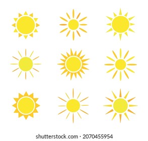 Set of sun icon on white background. Yellow vector suns in flat style.