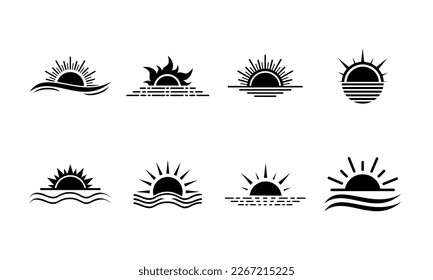 Set of Sun icon with sun, sea, wave vector