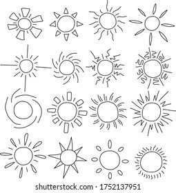 A Set of sun icons for business, nature, planet, outdoor, food, drink, education, animal, interior, utility content with doodle cartoon style