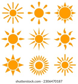 Set of sun icons. Cartoon. Vector illustration. Isolated on white background