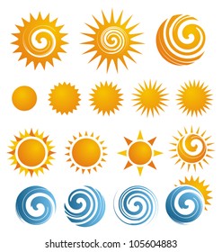 Set of Sun icons and design elements. Sun symbols and logos.