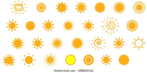 Set of Sun Icons, Different Figures, Elements for Summer, Spring, Isolated Collection Vector Illustration, Hand Drawn EPS 10