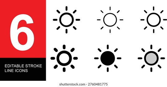 Set of Sun Icons with Different Levels of Brightness and Color Variations, Ideal for User Interface and Application Design Elements