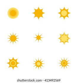 Set of sun icons with flat design elements isolated on white background. Modern logo pictogram collection concept - stock vector