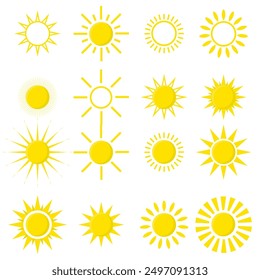 set of sun icons isolated on white background. Creative yellow sunlight symbols. Elements for weather forecast design. Solar system. Sunrise And sunset. Flat design graphic. Vector illustration