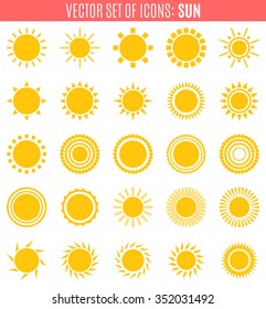 set of sun icons isolated on white background. Creative yellow sunlight symbols. Elements for weather forecast design. Solar system. Sunrise And sunset. Editable items. Flat design graphic. Vector