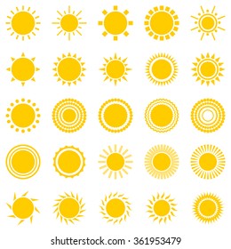set of sun icons isolated on white background. Creative yellow sunlight symbols. Elements for weather forecast design. Solar system. Sunrise And sunset. Editable items. Flat design graphic. Vector