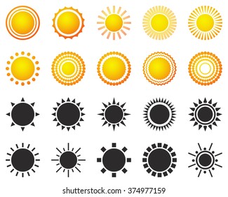 Set of sun icons isolated on white background. Creative yellow sunlight symbols. Elements for weather forecast design. Solar system. Sunrise And sunset. Editable items. Flat design graphic. Vector