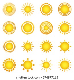 Set of sun icons isolated on white background. Creative yellow sunlight symbols. Elements for weather forecast design. Solar system. Sunrise And sunset. Editable items. Flat design graphic. Vector