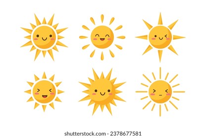 Set of Sun icons. Kawaii style. Vector illustration in flat style.