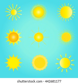 Set of the sun icons and sun logo on blue background. Sun Labels for Art, Print, web design. Vector Illustration