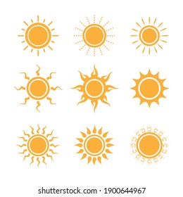 Set of sun icons logo vector in various design. Sun icon silhouette on white isolated background.