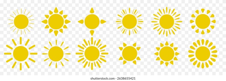A set of Sun icons on a transparent background. Logo, sticker with the image of the sun. A collection of sun stars to use as a logo or weather icon. Vector EPS 10.