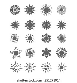 Set of sun icons on white background with grunge effect. Vector illustration.